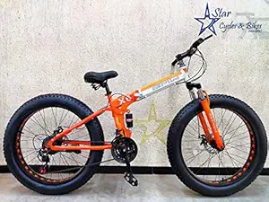 Shanti A1 Fat tyre Folding caycl Dual Suspension Fat Mountain Bike with 26X4 INCH Wheels and with 21 Speed Gears 26 T Fat Tyre Cycle (21 Shimano Gear, Orange)