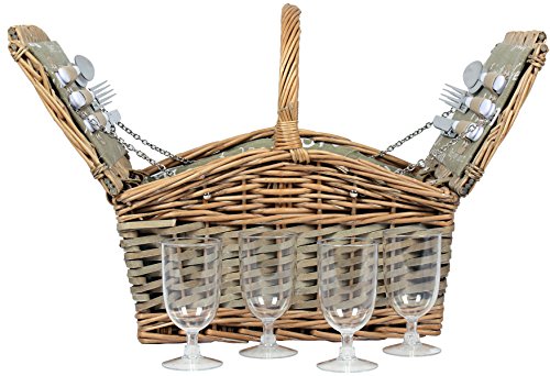 Picknickkorb für 4 Personen Weidenkorb inkl. praktischem Inhalt Messer Porzellan Teller Gläser Weide Korb - 5