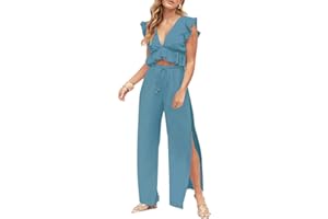 FANCYINN Femme Eté Tenue Deux pièces col V Profond Crop Top sans Manches et Pantalon à Fente latérale avec Cordon de Serrage Jumpsuit