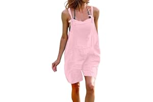 Susenstone Salopette Femme Coton Lin Lâche Ensemble Sangle sans Manches Shorts Combinaisons Femmes Long Casual Lâche Salopette Pantalon Salopette Baggy Barboteuses Combinaisons avec Poches