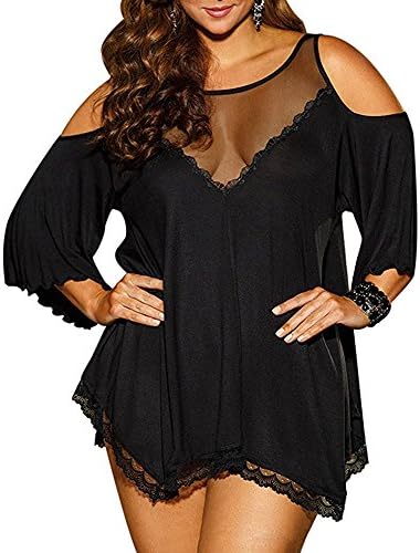 Easylifer Women's Lingeries Perspective Plus Size Deep V Dress Off-shoulder Lace Sleepwear Chemise Nightwear (XXL, Black)