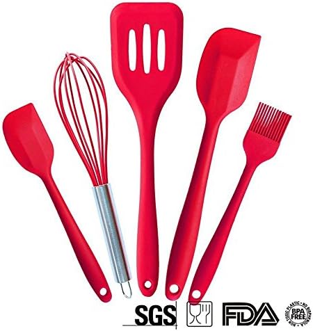 Pack of 5 Silicone Cooking Utensils, Cooking Set Brush, Scraper, Rice Paddle, Slotted Spatulla, Soup Spoon, Slotted Spoon, Pasta spoon, Heat Resistant Kitchen Utensils, BPA Free Silicone kitcen Tool Set (Red)