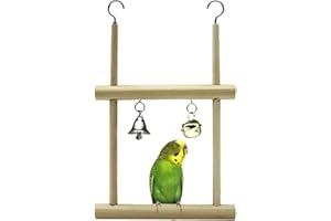 Keersi Natural Wood Bird Swing Toy with Bells for Parrot Budgie Parakeet Cockatiel Conure Lovebird Finch Canary Cockatoo African Grey Amazon Cage Perch Stand