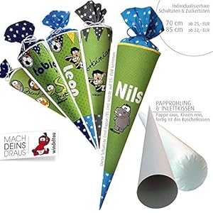 Schultüte, Zuckertüte in 70 cm oder 85 cm, hellgrün mit türkisen Punkten inklusive Papprohling mit vielen Personalisierungsmöglicheiten, als Kuschelkissen weiter nutzbar