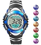 Kinder Digitaluhr für Kinder, Jungen, Mädchen, 50 m, wasserdicht, mit 8 Farben, LED-Lichtern für Sport, Outdoor, Schwarz/Blau