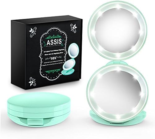 ASSIS Folding Travel Mirror with Light - 1X and 10X LED Lighted Travel Makeup Mirror, Magnifying, Handheld Mirror,Mint Green