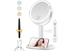 MOMOKUBA Kosmetikspiegel mit Beleuchtung, Vergrößerungsspiegel mit Licht 20fach, Kosmetikspiegel mit Vergrößerung 8", Doppelseitig 3 Farben 64 Led, Schminkspiegel mit Beleuchtung Rund 360° Drehbar