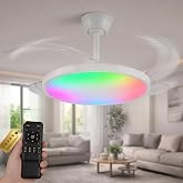 Ceiling Fan with RGB Light Retractable | LED Lamp with Transparent Blades | Ultra Quiet DC Motor 30W, 6 Speeds, Summer/Winter