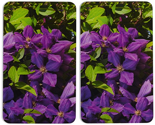 WENKO 2521463500 Herdabdeckplatte Universal Lila Clematis - 2er Set, für alle Herdarten, Gehärtetes Glas, 30 x 1.8-4.5 x 52 cm, Mehrfarbig