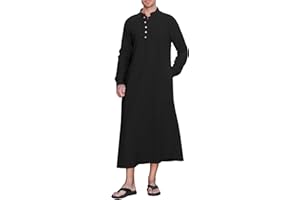 NANAMEEI Thobe for Men Cotton Linen Kaftan Long Sleeve Muslim Mens Clothing Long Gown Robe