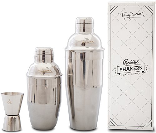 Profi Cocktailshaker Set Aus Zwei Professionellen Shakern Aus Rostfreiem Edelstahl (700ml/350ml) Mit Eingebautem Barsieb + Doppelseitigen Messbecher / Jigger + Rezeptbuch für Cocktails als E-Book