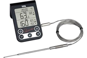 TFA Dostmann Küchen-Chef Digitales Grillthermometer/Bratenthermometer, Kontrolle der Kerntemperatur und Garraumtemperatur, mit Knickschutz und Alarmton, Schwarz, L 64 x B 20 (96) x H 99 (61) mm