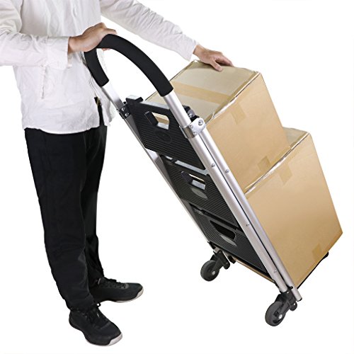 Finether 2-in-1 Klapptrittleiter & Sackkarre | Alu Leiter Klappleiter Trittleiter Klapptritt Stufenleiter Stehleiter Haushaltsleiter klappbar 3 Stufen bis 180 kg belastbar | Transportkarre Handkarre Paketroller Kistenkarre mit 2 Rädern faltbar bis 60 kg belastbar - 5