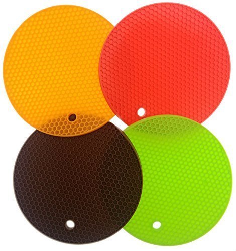 iNeibo Kitchen Runde Bienenwabe topfuntersetzer silikon hitzebeständig -4er Pack- Spülmachinefest- langlebig- 4 Unterschiedliche Farben- Multifunktions: topfuntersetzer, topflappen, topfhalter, topfschoner, Deckelöffner …