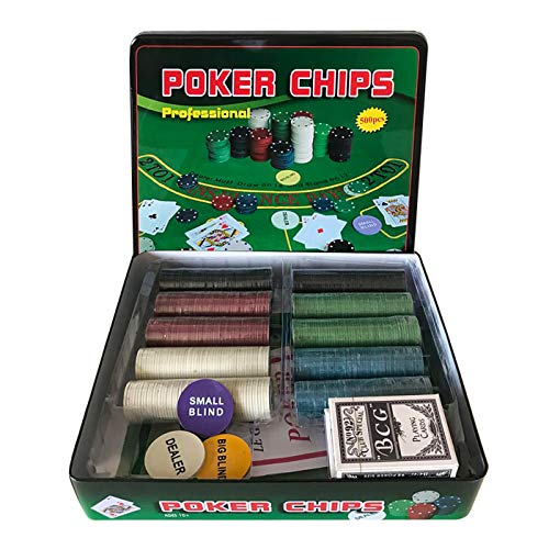 Professional Set de póker Caja de Metal, 500 fichas de pókerr, 2 Cubiertas, botón de repartidor, ciega pequeña, Gran ciega, tapete de Juego