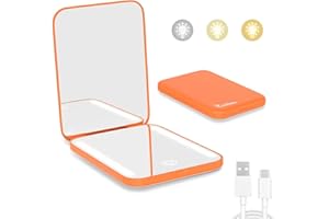 Kintion Rechargeable Pocket Mirror, 1X/3X Magnification LED Compact Travel Makeup Mirror, 3 Color Temperature, Dimmable, 400mAh, Portable Compact Mirror, Small Purse Mirrors for Women Gift, Orange