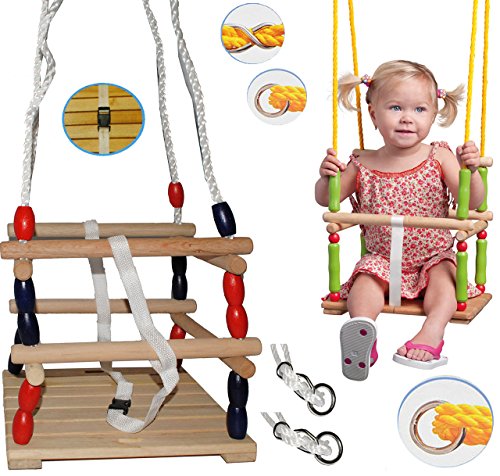 Schaukel aus Holz mit Gurt - Gitterschaukel / Kinderschaukel - Sicherheitsgurt & leichter Einstieg ! __ mitwachsend & verstellbar ___ Babyschaukel - Kleinkindschaukel verstellbar - Holzschaukel Baby Kinder - Holzgitterschaukel für Innen und Außen - mit Sicherheitsstäben / bunte Stäbe & Perlen - Holzbabyschaukel