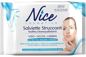 NICE COSMETICS Nice Salviette Struccanti per Viso, Occhi e Labbra, con Aloe Vera, Bisabololo e Vitamina E, Dermatologicamente e Oftalmologicamente Testate, Confezione Tascabile da 20 Salviette