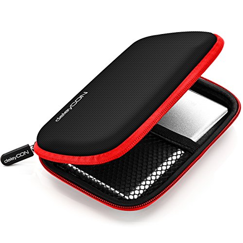 deleyCON Festplattentasche / Festplatten Case / HDD Case – für 2.5 Zoll Festplatten und SSD – Robust & Stoßsicher – 2 Innenfächer / Netztaschen – Schwarz/Rot - 2