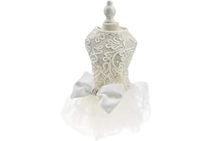 FLAdorepet Hohl Hund Hochzeitskleid Tutu Rock Luxus Spitze Perle Schleife Weihnachten Kleid Kostüm für kleine Hunde Haustier Bekleidung (M, weiß)