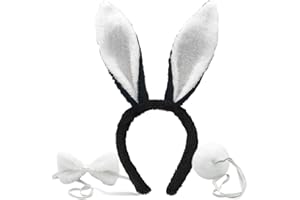Hasenohren Haarreif Set, FUKPO Hasen Ohren Haarreifen Plüsch Hasenohren Stirnband Haarbänder Fliege Schwanz, Kaninchenohren Haarreif Ostern Bunny Kostüm Party Erwachsene(Weiß Schwarz)