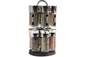 FabFinds Rotating Spice Rack Organiser with 12 Pre-Filled Glass Spice Jars Free Standing Carousel Spice Holder 360° Revolving Herbs & Spices Stand with Carry Handle