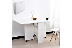 BAKAJI Tavolo da Pranzo Scrivania Multiuso Pieghevole Richiudibile Allungabile con Libreria 2 Scomparti Ripiani a Scomparsa e Ruote in Legno MDF Design Moderno 140 x 80 x 74 cm (Bianco)