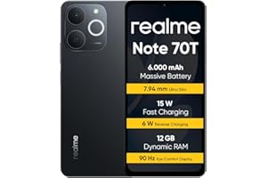 realme Note 70T Smartphone 4+128 GB, Batteria da 6.000 mAh, Ricarica rapida da 15 W con carica inversa da 6 W, 24 GB di RAM dinamica, Display con comfort visivo da 90 Hz, nero