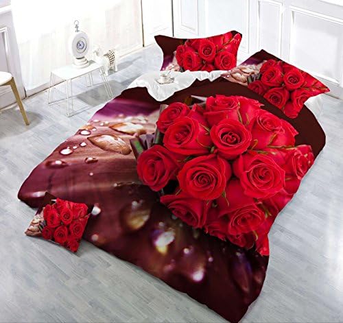 4Piece Water Drop Red Rose Printed Bedding Comforter Set 3D Romantic Flowers Duvet Cover Double Size
