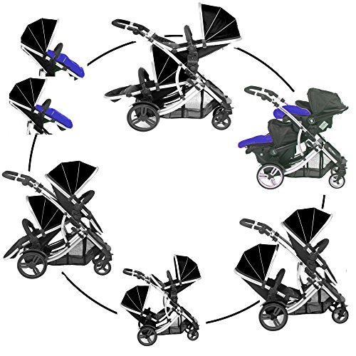 DUELLETTE 21 BS Twin Double Pushchair Tandem Stroller buggy 2 seat units, compatible with Kidz Kargo safety Pod Car seat OR maxi cosi clips or Britax Baby safety Car seat. (sold separately) 2 Free Fizzy Blue footmuffs 2 Free rain covers Black Midnight/Silver chassis and Fizzy Blue Footmuffs. Ideal for Twins or Baby and Toddler