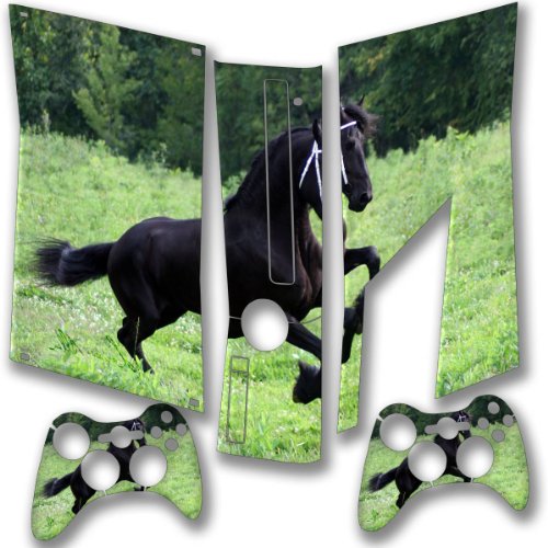 Preisvergleich Produktbild Schwarzes Pferd, Designfolie Sticker Skin Aufkleber Schutzfolie mit Farbenfrohem Design für XBOX 360 Slim