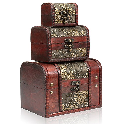 Juego de 3 cofres de tesoro de madera vintage para guardas joyas, anillos, pulseras y collares, de H&S®.