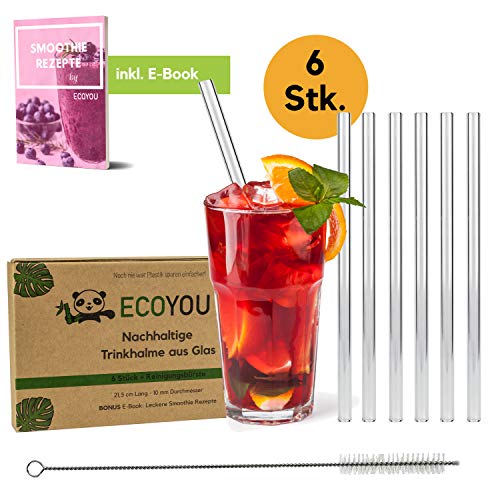 EcoYou® Glas Strohhalme 6er Set + Reinigungsbürste & Smoothie Rezepte Plastikfreie Trinkhalme 21,5 cm wiederverwendbar Zero Waste Mehrweg Straw