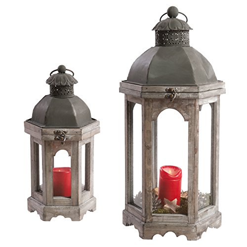 6eckige Laterne Holz braun Kerzenhalter Deko Windlicht Vintage Kerzenständer (Klein (17x15x36cm)) - 2