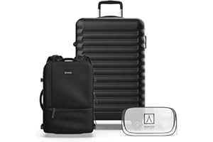 NUMADA-Juego de Maletas 3pzs. Maleta Mediana 18Kg (63x39,5x26,8cm) ABS, Mochila Viaje Cabina Avión 40x20x25cm (20L) y Neceser Transparente para Avión, Negro