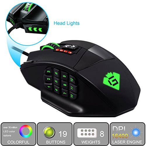 GamKoo Varanus 16400 DPI ratón láser programable de alta precisión para juegos MMO con 18 botones programables, 12 botones laterales, 5 perfiles de memoria, bandeja de ajuste de peso