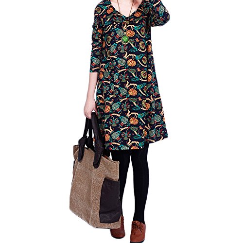 ZMMM158 Autumn The New Fashion Classical Loose Women Cotton Hemp Long-sleeved dress (M, BLUE)