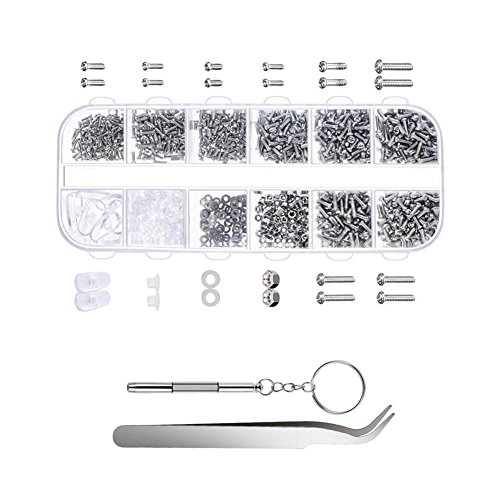 Xry Lunettes Vis Écrou kit de réparation pour -1100 pcs Petite Vis et nez Coussinets Ensemble de tournevis + 1 PC + 1 PC Pince à épiler pour montre/lunettes/lunettes de soleil/lunettes