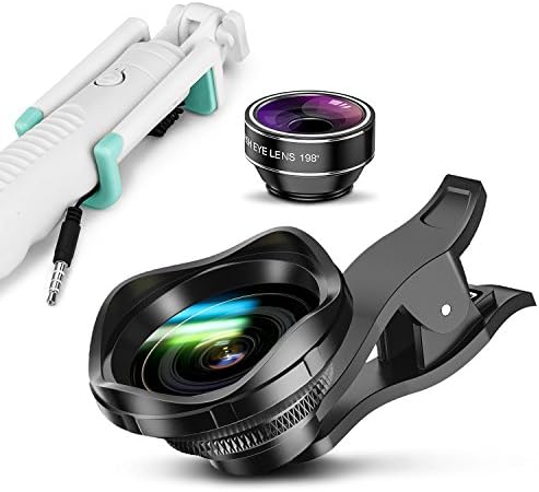 Cell Phone Camera Lens, AUSATON 3 in 1 Lens Kit with Selfie Stick, 0.6x Wide Angle + 12x Macro Lens + 198° Fish eye Lens Set for iPhone X, iPhone 8, 7/7 Plus 6/6 plus/5/5S/4/4S,Samsung,Huawei and Most Android Smart Phones(Black)