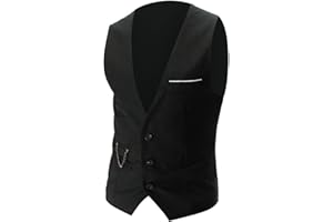 UnoSheng Chaleco de traje negro para hombre con cuello en V con botones, chaleco de trabajo para hombre, ajuste ajustado, chaleco sin mangas con bolsillo en el pecho, chaleco de ocio, moda informal,