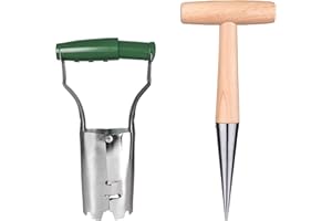 Jetisva Set of 2 Garden Dibber for Planting Seed Planter Tool Stainless Steel Potato Planter Tool Hand Bulb Planter Transplanting Tool with Handle and Depth Mark for Vegetable Flower