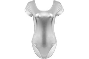 iEFiEL Damen Metallic Body Lackleder Bodysuit Catsuit Wetlook Jumpsuit Langarm/Kurzarm Turnanzug Ballettbody Trikotanzug Tanzkostüm