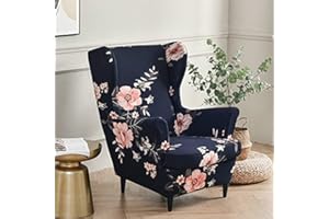 Highdi Funda de Sillón de Orejas Elástica para Strandmon, Funda de Sofá Relax 2 Piezas con Funda de Cojín, Fundas Protector de Butaca para Dormitorio, Recepción, Club (Flor fragante Azul)