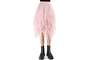Monbessi Jupe Tulle Femme pour Dames Taille éLastiquéE 80cm Jupe Midi Jupe en Filet IrréGulièRe Daily, Prom, Party (Rose)