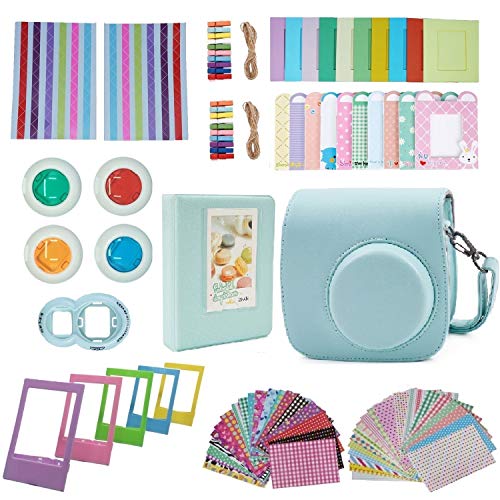 FollowSun 10 en 1 Cámara Accesorios para Fujifilm Instax Mini 9 Mini 8: Caso Azul Hielo/Album/Selfie Lente/Filtro de Color/Wall Cuelgue Marcos/Pegatinas de Frontera/Marco/Pegatinas de Esquina