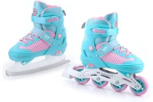 SMJ SPORT SMJ Lily 2-in-1 Adjustable Inline Skates | ABEC-7 Convertible Inline Skates to Ice Skates | Turquoise/Pink