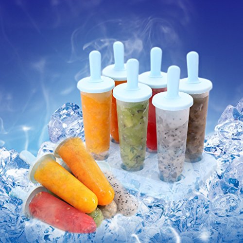 Joyoldelf 6-er Set Eis Lutscher Ice Pop Moulds Maker Eis Forme Wiederverwendbaren Stieleis-Formen für Kinder mit schenken 3 Silikon Eis Lutscher Formen (Blau) - 5