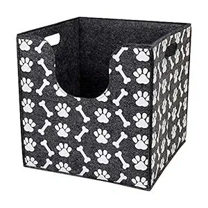 Bins & Things Dog Toy Bin Storage Basket (14 x 14 x 14 Inches) Thick Felt Dog Toy Box with Cute Dog Paws and Bones Prints - Foldable Pet Accessory Basket with Curved Cutout