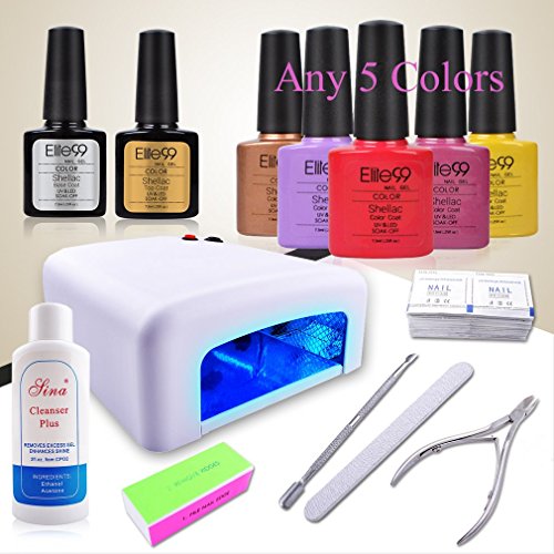 Elite99 (Pick Any 5 Colours) 7.3ml Soak Off UV LED Nail Gel Polish Colour Nail Art Gift Set + Base & Top Coat + 36W UV Lamp + Cleanser Plus + Nail Files Clippers Buffer Remover