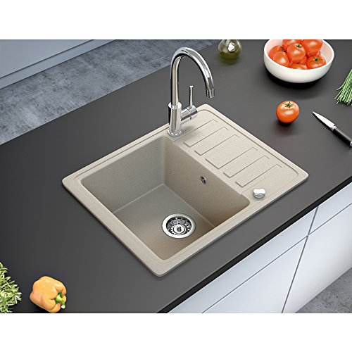 Spüle Granitspüle Küchenspüle Einbauspüle Auflage 575 x 460 mm eckig kleine Ablage Spülbecken + Drehexcenter + Siphon (Beige (111)) - 5